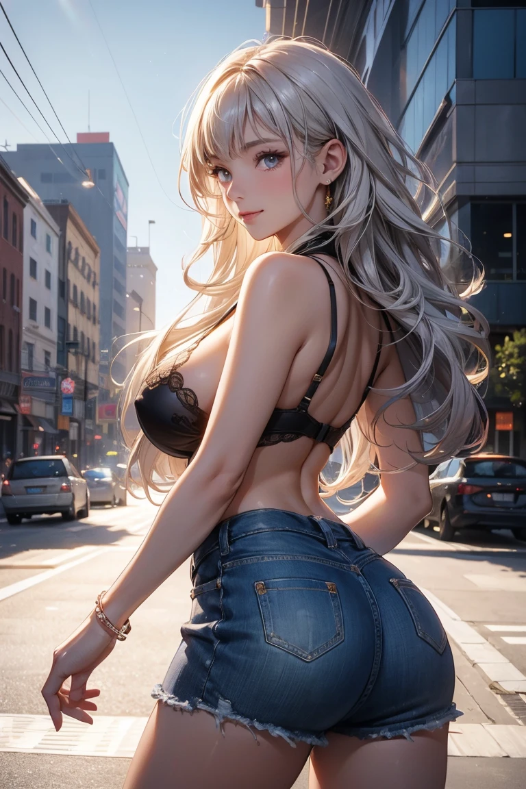 masterpiece, best quality, High Definition Beautiful woman, beautiful face woman bending over in the street showing her butt, skirt:1.1, with a beautiful smile, beautiful face, long hair, no thong, no underwear, no panties, beautiful pussy, street, blonde hair