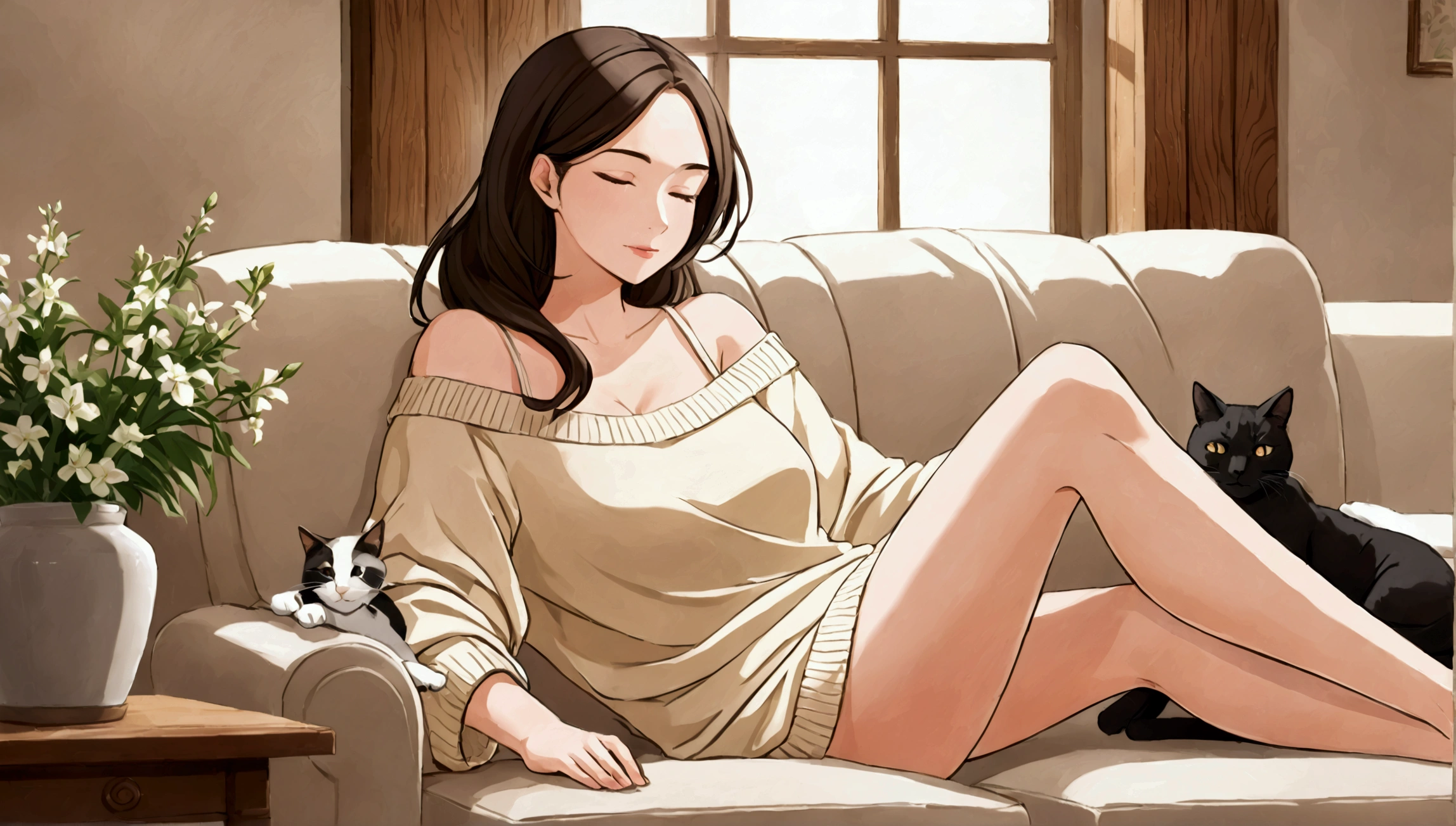 The character has dark brown hair along the shoulders, the 28-29 year old character is an adult woman and the character in the picture is wearing a loose, off-shoulder cream-colored sweater, giving the impression of being relaxed and comfortable. The sweater fell to the shoulders, featuring underwear straps or a white tanktop underneath. The texture of clothes looks soft and warm, suitable for a relaxed atmosphere in the room.

Additional Accents:

This oversized sweater has long sleeves that sag slightly to the hands, adding a cozy feel.

The bottom of the outfit is not very visible, but it looks like a soft fabric of a harmonious color that envelops the legs.


Atmosphere: This style of clothing emphasizes a warm, cozy and casual atmosphere, as if the character is enjoying a relaxing time at home over coffee or tea. The presence of sunlight from the window, greenery and cats asleep on the lap add a calm and harmonious feel. 