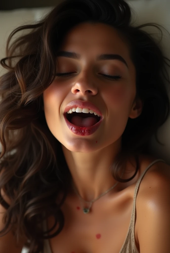 woman with her mouth open screaming, lying on the bed. Her face is illuminated by soft, intimate lighting, revealing an expression of satisfaction and happiness. 4K resolution captures every detail, play of shadows and light on your skin, portrait.