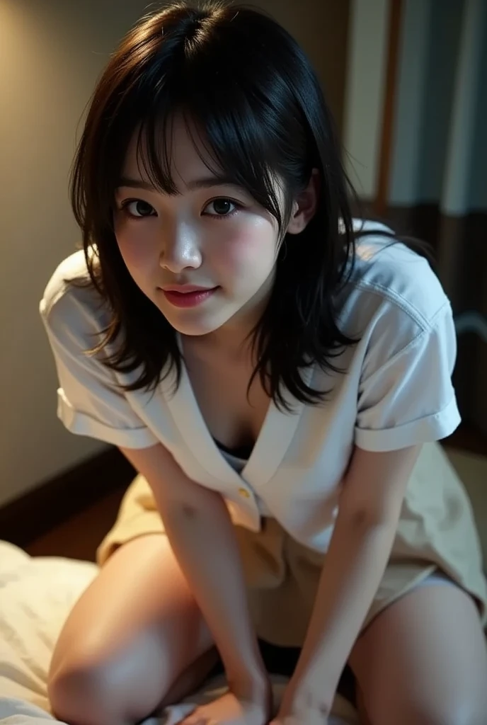 8k,  RAW Portrait 、 ( Japanese woman holding breasts),​masterpiece、 photorealistic:1.3、 as realistic as in the picture,  Ultra A High Resolution,  top quality,  actual photo  ,( At night ), 1 Female,(( 深At night、 Girl showing off her panties by raising her skirt in bedroom)),((Realistic Japanese girl))、(( school uniform、 plaid pleated skirt 、 bow tie))、  is leaking sex by morning、 Big beautiful detailed eyes,  black hair,( is written by:1.3),、(( Disheveled clothes ))、 (( dark brown eyes:1.5))、( real skin texture deep into the night)、(Immersive atmosphere :0.8、 chiaroscuro:1.2) 、( viewers holding dolls)、 camera 、 viewers、(( Embarrassing :1.3))、smile:0.3、((Blushed Cheeks:1.3))、((Ceiling seen from below:1.2))、( body facing the camera )、((Under the skirt))、((Woman pulling up her skirt))、(( Angle from Below :1.4))、(( Closeup of Panties :1.5))、(( punch))、(( Very Small Silk Panties:1.3))、(( legs spread out sideways :1.4))