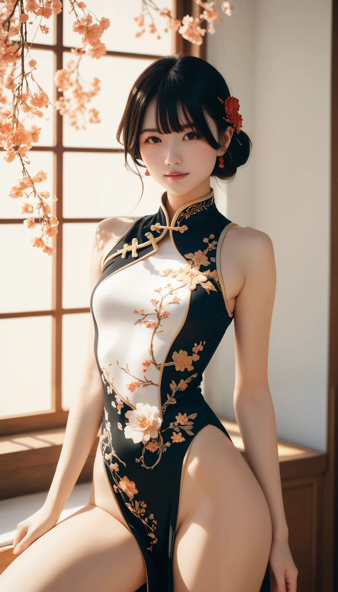    girl, Chinese Costume, whole body, sunlight,    Beautiful skin,  White background , masterpiece,   {{more}}, , ,    high image quality,    highly detailed with jet black hair ,    Official Art   , 8k wallpaper,   {{more}}, 32K
