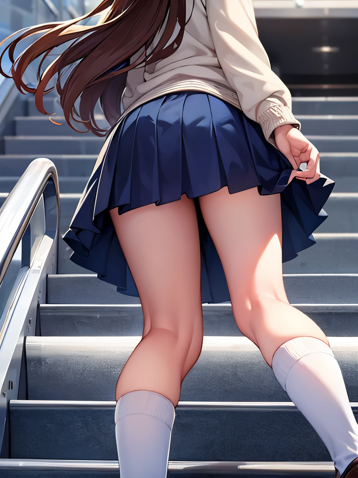 ((Highest quality)), ((masterpiece)), (High resolution), 8k, Best Shadow, The best natural light, Cinematic, (Adult woman climbing the stairs), (Brown Hair,)、Looking back, bashful、blazer、Navy Check Skirt、(Navy blue socks)、((Rear view))、Angle from the rear、Manga panel layout、Cartoon style、Manga Design、Station stairs、(The wind is blowing up from the ground, flipping up her skirt and revealing her panties, ), Sexy and cute shiny white satin panties:1.3, Slender body,Beautiful thighs, Embarrassed look, chizuru