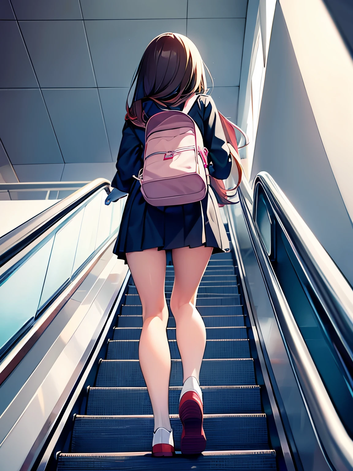 High school girl in the back、On the way to school、Take the escalator、High 、from behind:1.3, shoot from below:1.3、girl stand for top of escalator, 