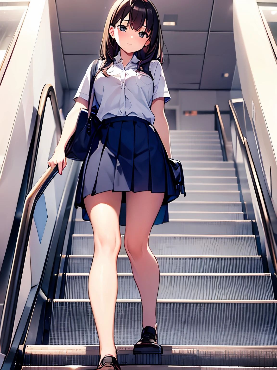 High school girl in the back、On the way to school、Take the escalator、High 、from behind:1.3, shoot from below:1.3、girl stand for top of escalator, 