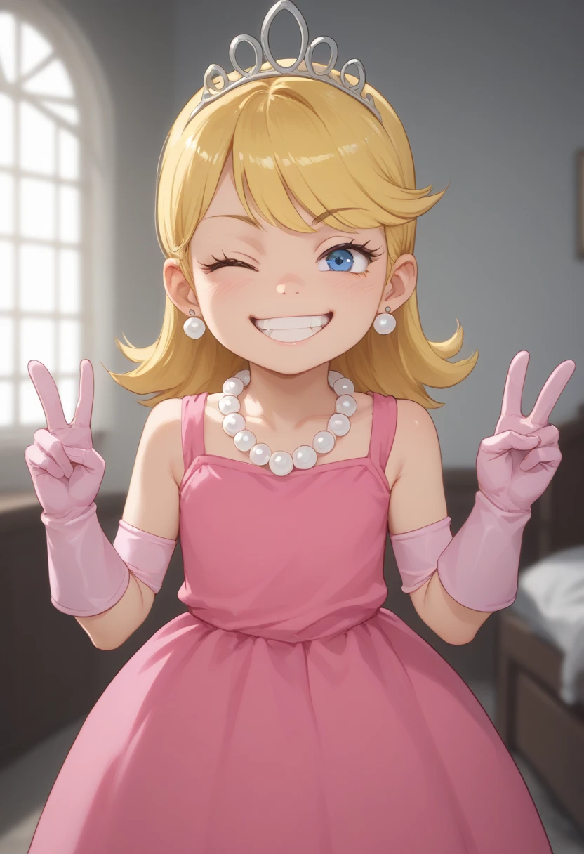 source_cartoon, score_9, score_8_up, score_7_up, lola loud, 1girl, solo, standing, head tilt, grin, seductive expression, looking at viewer, blonde hair, tiara, blue eyes, earrings, pearl necklace, pink dress, peace sign, happy, one eye closed, pink gloves, indoors, by jcm2