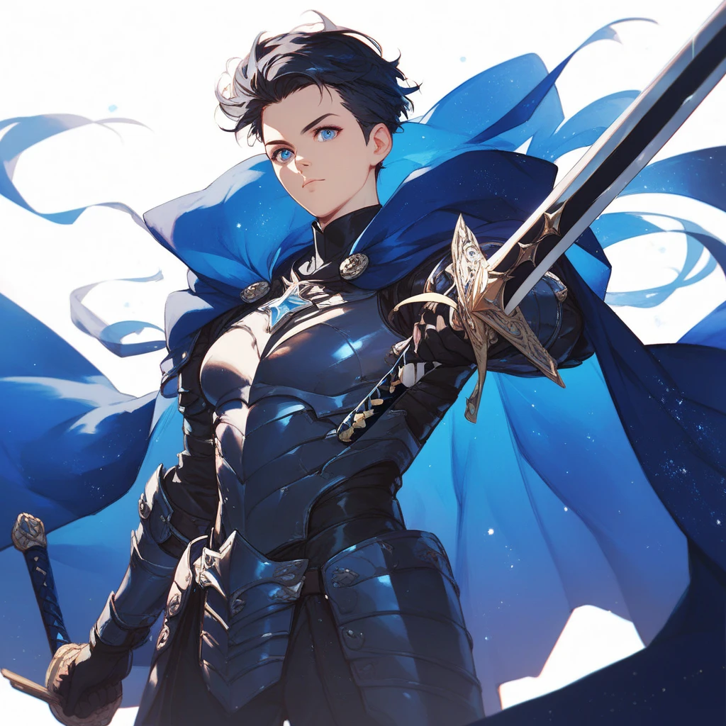 Solo-man ,  medium-length black hair , Blue eyes, black armor.,  blue starry cloak , ( holding a black sword:1.3),  white background 