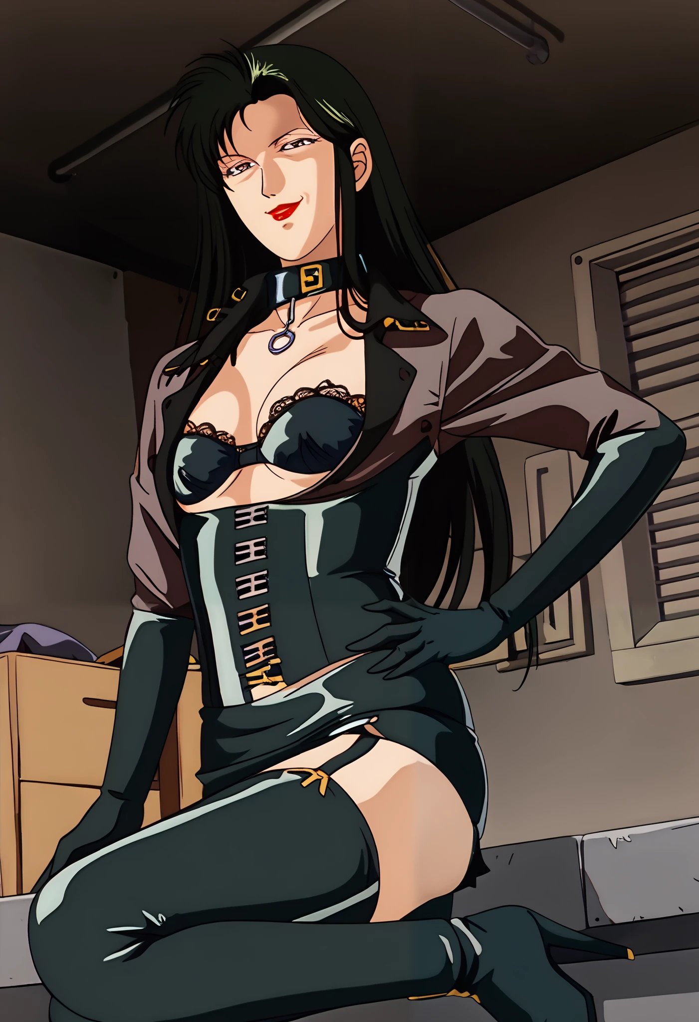 BDSM、Queen、mistress、(((One girl)))、(((solo:1.8)))、(((Black latex elbow gloves:1.4)))、((( black latex corset dress :1.4)))、((( Corset Dress is adorned with beautiful lace)))、((( Corset Dress with Shoulder Straps )))、((( Black Latex Tight Mini Skirt :1.4)))、((( Black Thigh-High Boots:1.4)))、(((Black rubber tights:1.2)))、((( stiletto heel boots:1.4)))、((( Black Latex High Leg Panties )))、(((Black latex bra)))、(((Black leather collar)))、((( sexy poses :1.4 )))、 wide thigh opening with one leg:1.2、((( erotic )))、((( Cowboy Shot )))、クローズup、((( place your hands on your hips)))、Beautiful eyes with highlights、Beautiful, smooth skin、Two perfect anatomical arms、 Anatomically Perfect 2 Legs 、(Four perfect fingers and one thumb)、score_9, score_8_up, score_7_up,room,indoor, moonlight, night view,Garage roof, mature woman、 detailed face 、 detailed eyes on board、 dark eyes, green hair, long hair, Red lipstick, Black Gloves , sitting, wicked smile、 smirking