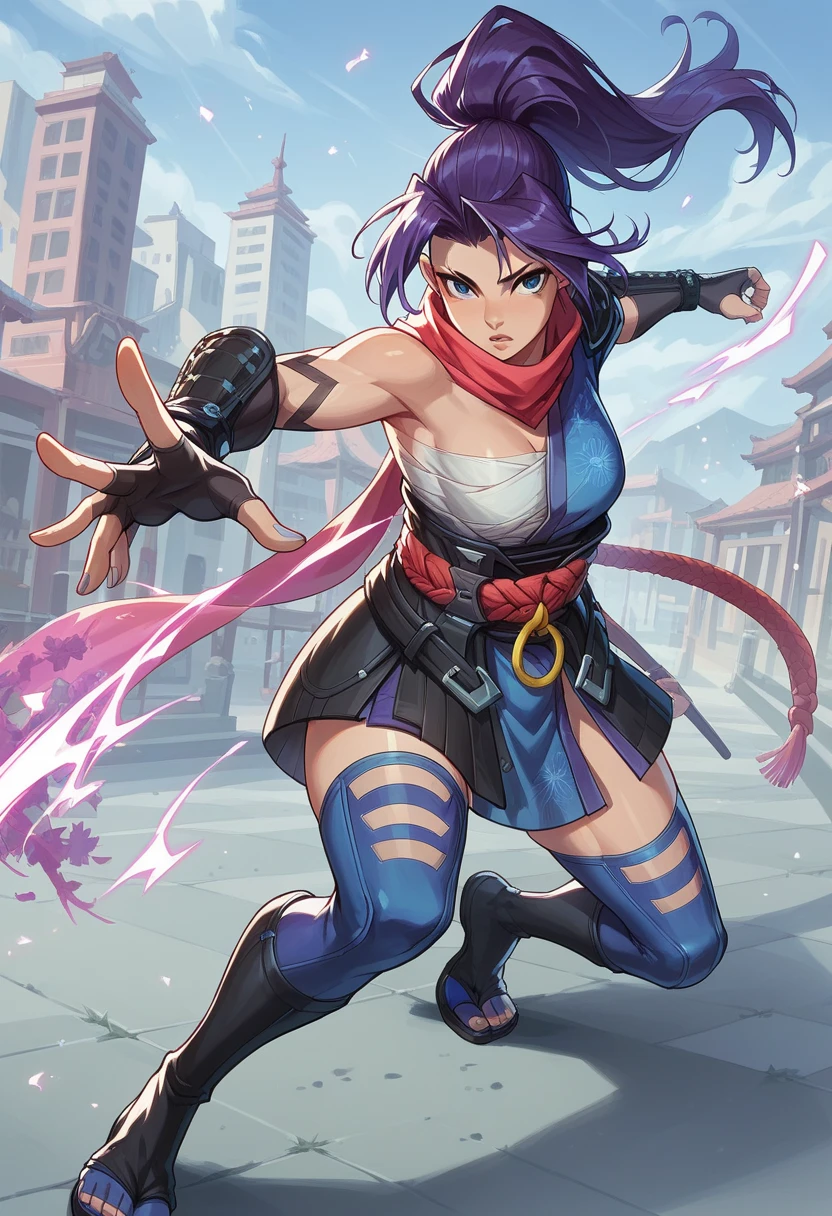 1girl, high ponytail, purple hair, blue eyes, ninja, sleeveless, scarf, asymmetrical clothes, japanese clothes, chest sarashi, obi, o-ring, gauntlets, fingerless gloves, thighhighs, toeless footwear, tabi, city background, sexy, showing booty, looking at viewer, kicking, score_9, score_8_up, score_7_up, score_6_up, score_5_up, score_4_up, BREAK source_anime, masterpiece