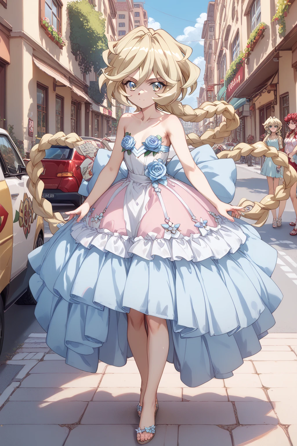 (Carol Malus Dienheim,symphogear),(braid long blondhair),One Girl,Pale skin,naked,(full length),Five fingers,Perfect hands,Masterpiece,she's wearing a cool floral light blue sleeveless dress, downtown, street,