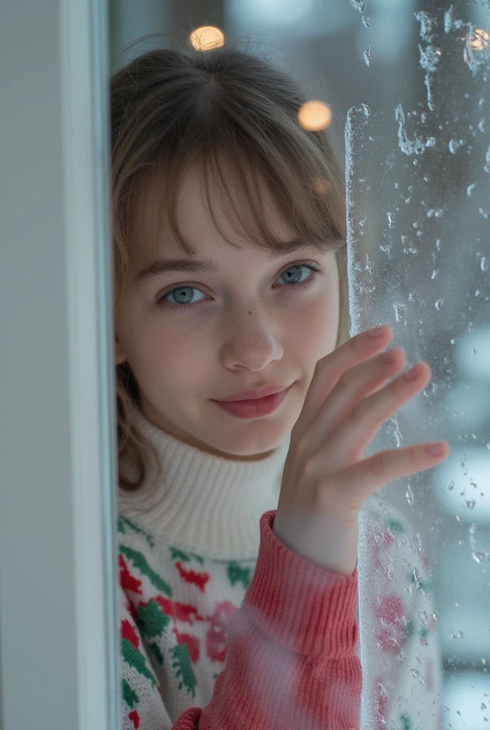 A captivating 35mm film shot unfolds, and the camera captures a young adorable teen girl in a seductive pose through a frosted window. ((Wearing a thick but sexy revealing Christmas sweater, she looks directly at the viewer with her sharp blue eyes, her pale skin glows under her hair, partially obscuring her face. The soft lighting illuminates her sweet smile)),  In particular, the glass surface of the front window in front of the frame is a transparent glass reflection and glass refraction, and the frost pattern formed by the frozen frost forms a gradient on the glass surface, emphasizing the cozy atmosphere beyond the window. The extremely low angle (1.4) and high contrast HDR (1.2) further emphasize the wonder and mystery of the image, transporting the viewer into a dreamy and transcendent fantasy world.