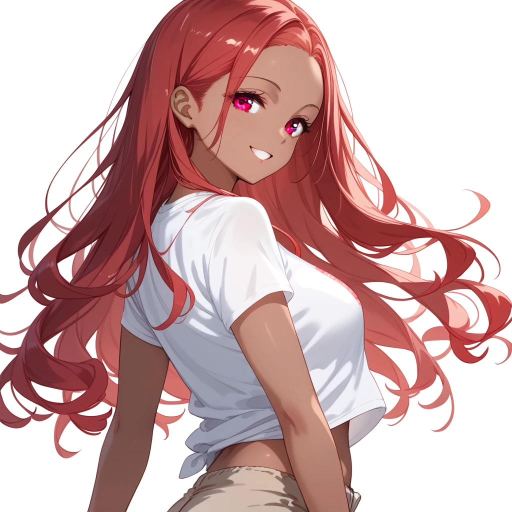  1 female,  delicate face ,  beautiful,  white t-shirt , standing, white background, bewitching thighs, back, Turn back , about,  upper body ,  portrait, slight smile, dark black skin, African American, femenino, femenino, long dark gray blonde and red hair,  cheerful expression, brown eyes,  white background,  sleeveless t-shirt , beige shorts 