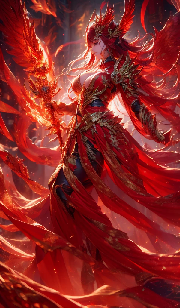 Full-size, full body image Create a highly detailed fantasy portrait of an sorceress fantasy scene featuring a powerful figure standing against a glowing, mystical golden and red backdrop. The figure, known as the 'flame goddess,' is depicted. Busty goddess, big breast goddess, She has flowing red hair adorned with delicate, nature-inspired accessories and faintly glowing ornaments. Busty goddess, big breast female, Her piercing crimson red eyes exude a sense of mystique and power. Red eyes sorceress,
I want a tattoo of a bird with a red tail on the side, red tattoo, red phoenix tattoo on forehead, bird tattoo, phoenix-inspired, phoenix rising from the ashes, shaded tattoo, red and crimson ink, traditional ink, tribal tattoo, phoenix rising, traditional ink!, style of ink, tatto, inspired by Sugimura Jihei, ink outline, 
She wears an intricate, red armor-like gown with golden accents, embedded with luminous crystals that shimmer in soft magical light. The armor is detailed with ornate, metallic vine-like designs that wrap around her arms and legs, giving her a regal yet dangerous appearance. Holding a spear with a fire on it, intricate fantasy spear, fire staff, epic fantasy weapon art, phoenix staff, draconic staff, glowing draconic staff, fantasy rpg weapon art, realistic lance, wizard magic staff, magic wooden staff, warcraft blizzard weapon art, magic staff, fantasy weapon, wooden staff, weapon concept art, flaming spear gothic fantasy art, hd fantasy art, 
The background with a close up of a large red and golden circular portal behind the figure is massive, radiating fiery flame energy with glowing arcane symbols, intricate patterns, and radiant light resembling magical runes etched into the surface. The atmosphere is fiery, with swirling dark clouds, glowing embers, and mystic energy cracks spreading across the ground and sky. The composition blends dark fantasy and high-fantasy flame elements, emphasizing an apocalyptic, magical ambiance with glowing gold arc