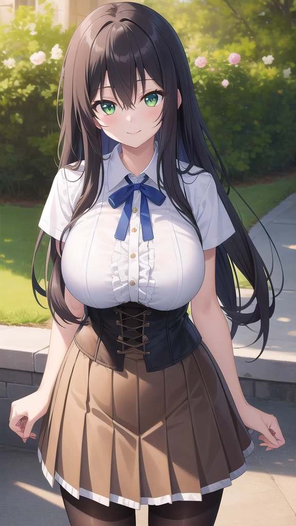 ((masterpiece)),(best quality),official art,extremely delicate and beautiful,extremely detailed CG,unity 8k wallpaper,ultra detailed,beautiful detailed eyes,extremely detailed face,outdoors,1girl,solo,cowboy shot,looking at viewer,facing viewer,smile,Sawatari Airi,very long hair,black hair,hair ribbon,sidelocks,hair between eyes,bangs,green eyes,school uniform,neck ribbon,blue ribbon,brown vest,white shirt,collared shirt,puffy short sleeves,huge breasts,underbust,framed breasts,impossible clothes,skindentation,corset,miniskirt,brown skirt,pleated skirt,frilled skirt,black pantyhose,loafers,