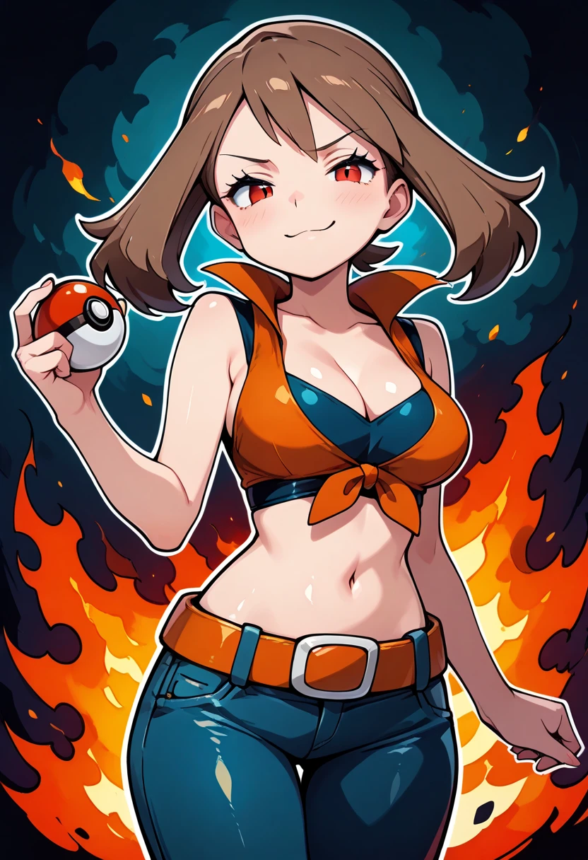 masterpiece, best quality, 32k, high resolution, absurdres, medium breasts, (curvy), cute, eyelashes,  shiny skin, vivid colors,   
BREAK, 
may (pokemon), brunnete hair, red eyes, front-tie top, cleavage, sleeveless, white belt, narrow waist, midriff, navel, denim jeans,
smile, smug, holding pokeball,  
aura, fire, 
 abstract background, white outline,