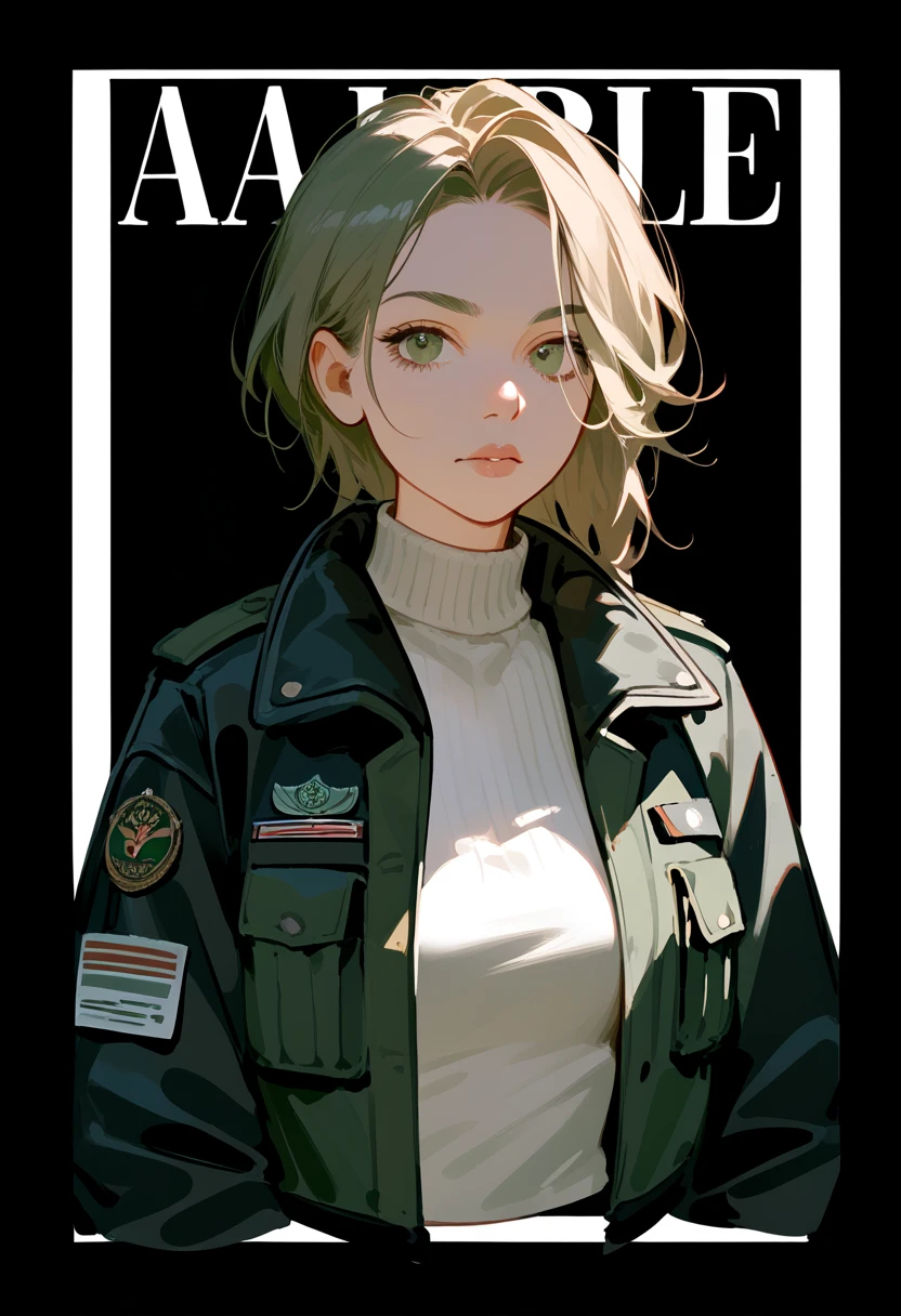 (masterpiece: 1.2, best quality), (1 lady, solo, upper body: 1.2),Detailed face, Black and white,, a girl in a black jacket and green Cargo pants standing, wearing Cargo pants, a green colored bomber jacket, Cargo pants , wearing dark green bomber jacket, black bomber jacket, black rugged clothing, cropped shirt with jacket, black pants, wearing a turtleneck and jacket, a girl wearing a black jacket, bomber jacket, black and green, white and black color scheme ((modern clothes)) Looking at the viewer, looking at the camera,,Magazine cover,a close up of a poster,black background, simple background