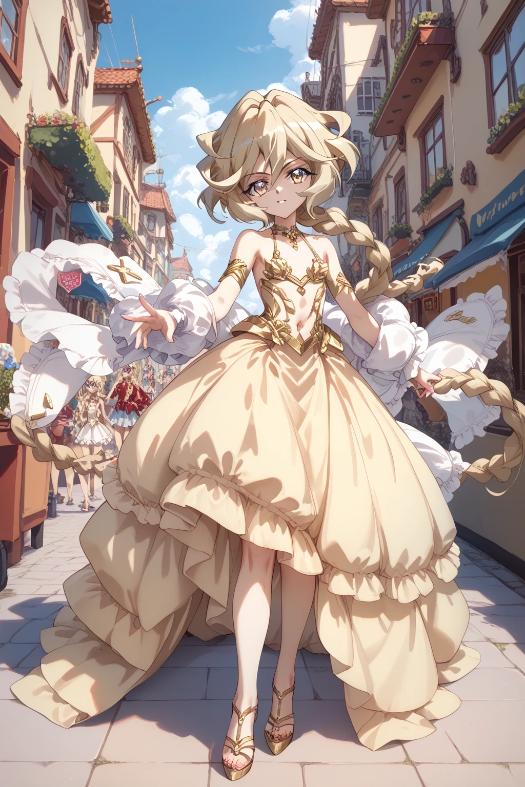 (Carol Malus Dienheim,symphogear),(braid long blondhair),One Girl,Pale skin,naked,(full length),Five fingers,Perfect hands,Masterpiece,she wears a gold halter top tee, downtown, street