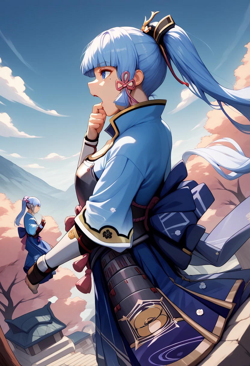 giantess, sideview, from the side, profile, sideview from above, HD small person, giantess holding with two fingers, small person between the index and thumb, small person dangling from her fingers, falling into mouth, open mouth, big mouth,defAya, blue hair, blue eyes, blunt bangs, mole under eye, ponytail, long hair, hair ornament, hair ribbon, japanese armor, blue jacket, hakama, armored dress, arm guards, uvula, huge mouth, head up
