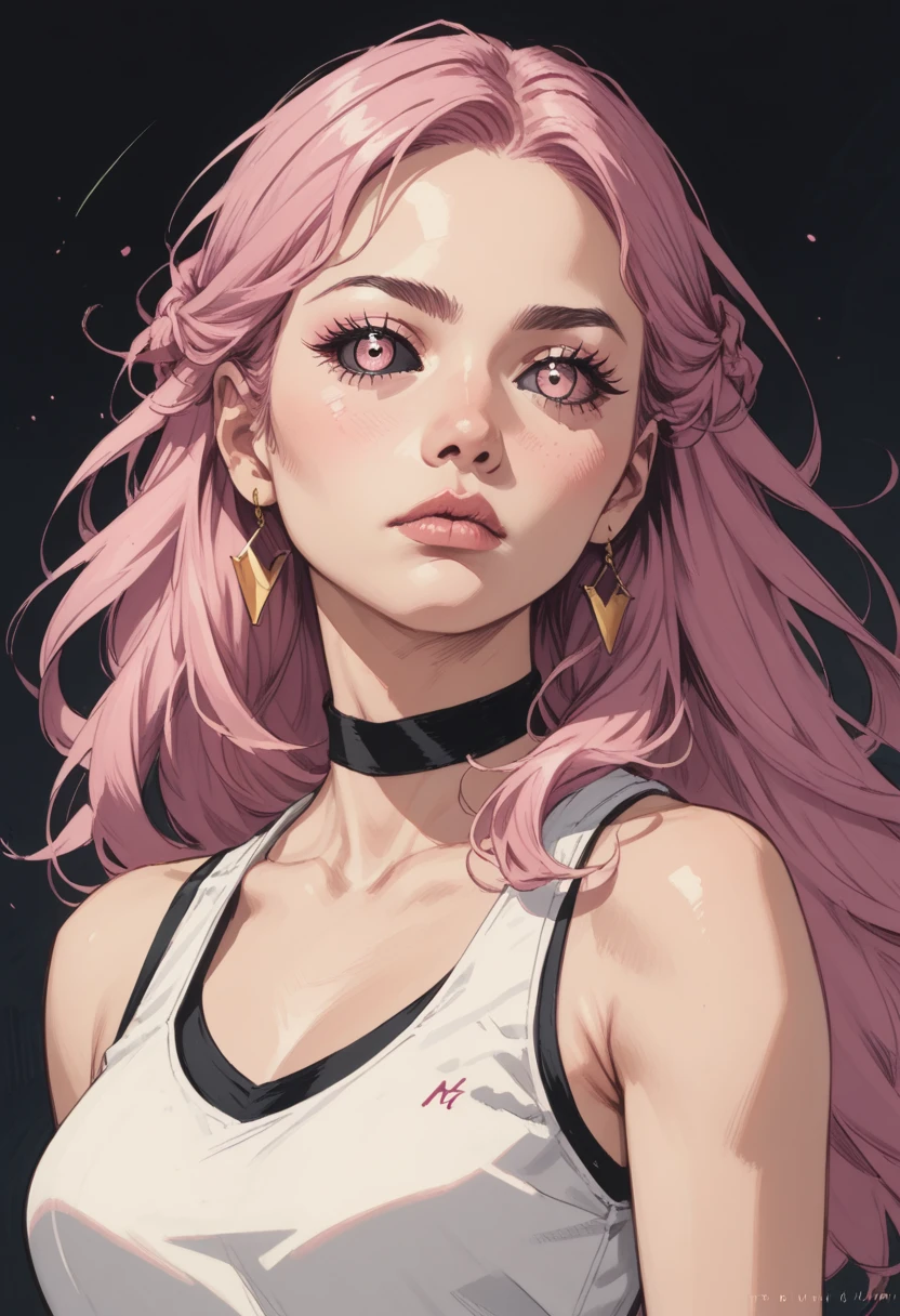 anime artwork, score_9, score_8_up, score_7_up, score_6_up, score_5_up,1girl, pink eyes, black sclera, pink hair, long hair, golden earrings, black choker, white leotard, white tank top, sleeveless, solo, perfect eyes, detailed eyes, beautiful female, detailed face, dynamics lines, 20 year old, perfect beautiful face, long eyelashes, sharp eyes pupils, room, (upper body:1.5),