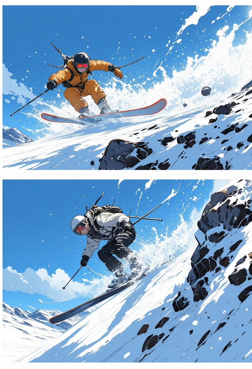  2 comic panels ,  dynamic speed ski scene,  jump in the air , snow splash ,  motion blur ,  beautiful,  realistic ,  close up from below .elegant,Cold,fast,high speed,face shown