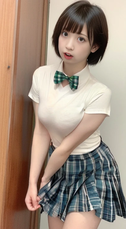 one girl, (a beauty girl, delicate girl:1.3), (15 years old, :1.3),
break, (shirt, Green apron, family mart:1.3), panties,
break, Extremely fine grain resolution, (Symmetrical eyes:1.3),
break, (Inside a convenience store:1.3), perfectly trimmed fingers,
break, Small breasts, Brown eyes, Parted bangs, brown hair,  girl,
break, (Eye and facial details:1.0),
break, (masterpiece, highest quality, Ultra-detailed, Detailed face, 8K)