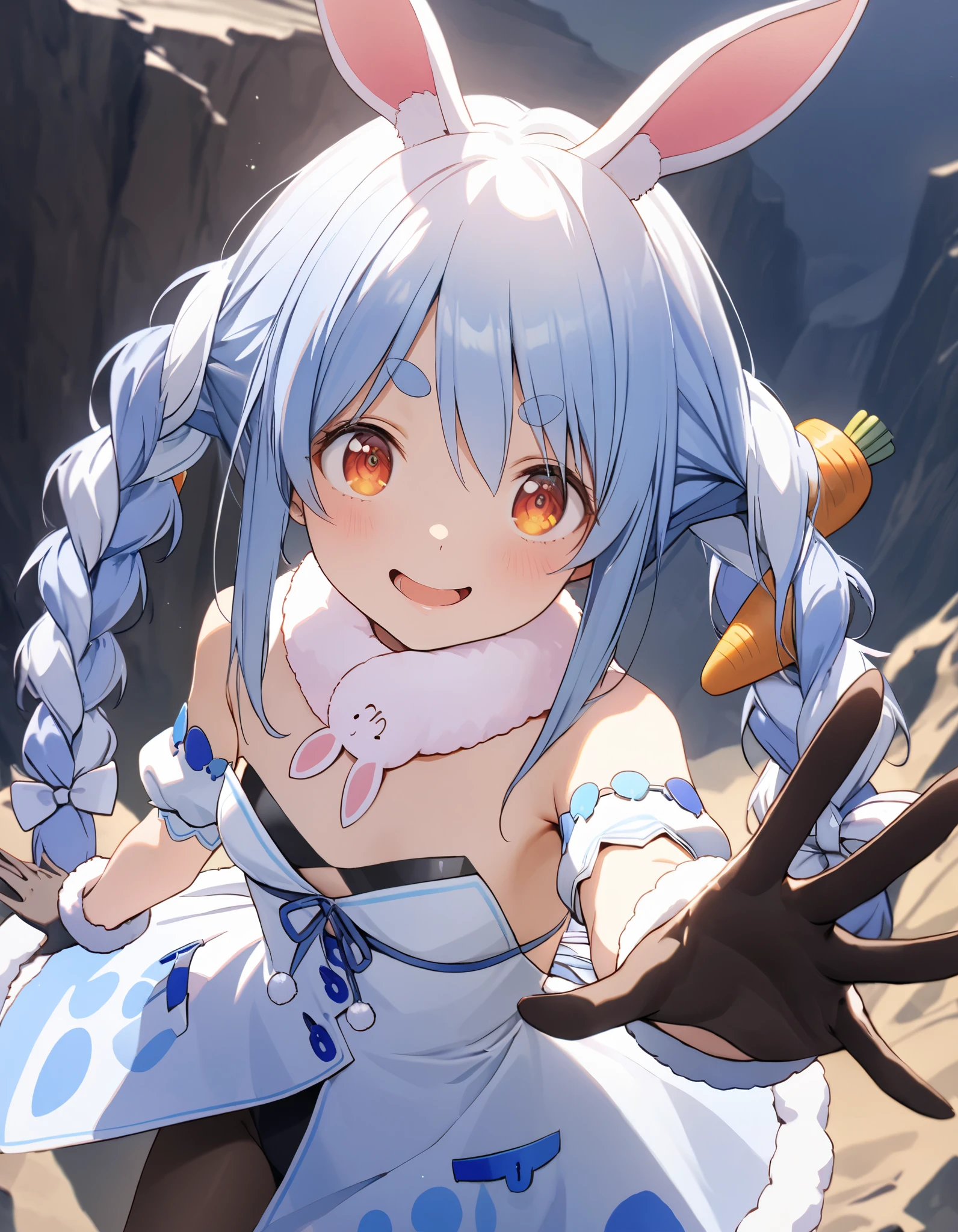 ((Usada pekora)), (((Masterpiece)), ((best quality)), ((wide shot)), (super detail:1.2), (High Definition:1.3), (8K), (very aesthetic:1.2), (absurdres:1.2), Textured skin, cinematic lighting, (1girl), (Cute beautiful Girl), beautiful eyes, ((looking to the side)), (put on bunny ears), Pale blue hair, braids hair, (Open mouth wide), Slender body, small breasts, Glossy lips, Beautiful small breasts, (Waving hand), (On the precipitous cliff), (very smug), (cute cheeks), glossy lips, pouty lips, bags under the eyes, (lower eyelashes), (detailed background:1.2), UsadaPekora, orange eyes, thick eyebrows, rabbit ears, two-tone hair, blue hair, white hair, long hair, twin braids, fur collar, white dress, fur-trimmed dress, bare shoulders, black leotard, strapless, detached sleeves, puffy short sleeves, black gloves, black pantyhose