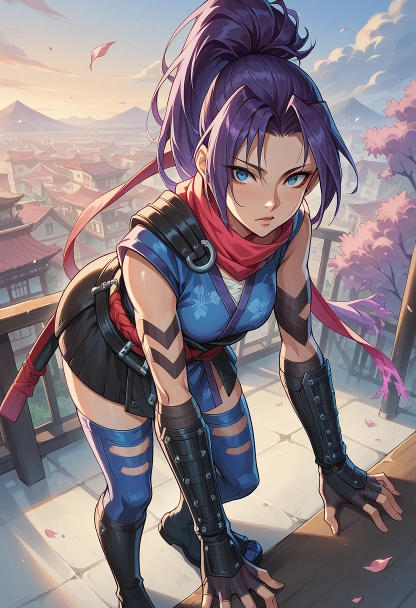 1girl, high ponytail, purple hair, blue eyes, ninja, sleeveless, scarf, asymmetrical clothes, japanese clothes, chest sarashi, obi, o-ring, gauntlets, fingerless gloves, thighhighs, toeless footwear, tabi, city background, sexy, showing booty, looking at viewer, bending over, score_9, score_8_up, score_7_up, score_6_up, score_5_up, score_4_up, BREAK source_anime, masterpiece