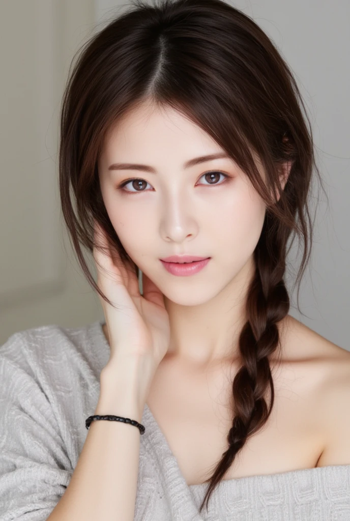  asian woman, closes one eye, :1.3, asian woman,  one thin braid from the left,smile,  pose where you put your hand on your chin,  open your mouth slightly 