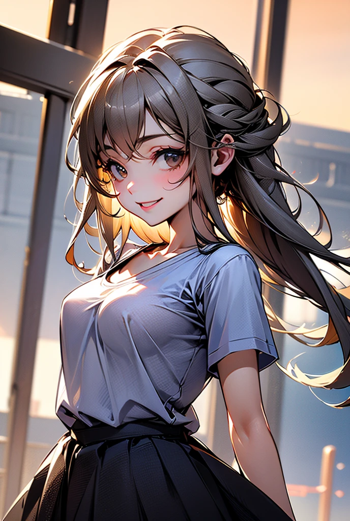 masterpiece, best quality, ultra-detailed, illustration, slim fit girl, at full height, blrown eyes, shy smile, perfect small breast, skirt, t-shirt,