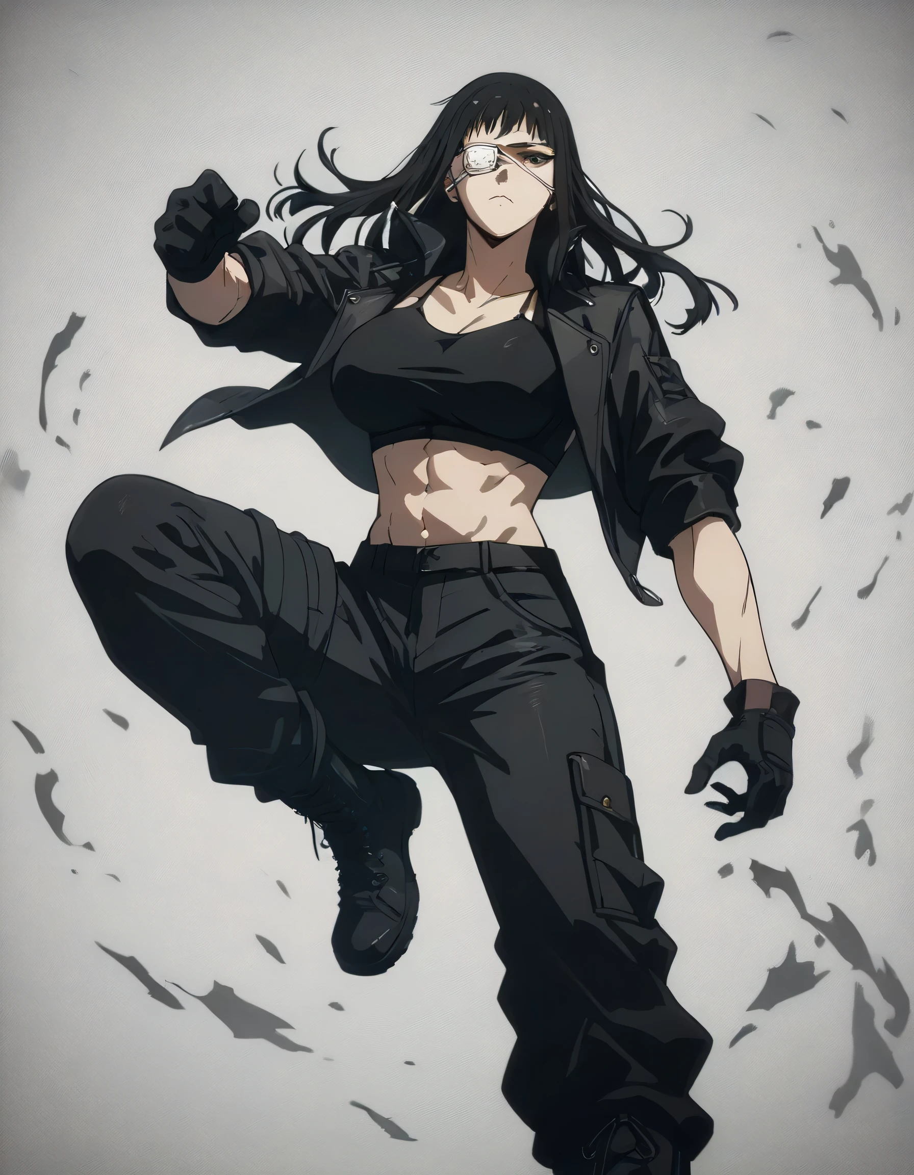 score_9, score_8_up, score_7_up,score_6_up,high resolution,source_anime,s0fiavalm3t,1girl,eyepatch,black hair,long hair,full body,black sport bra,tall leather black jacket,military trousers,black boots,,gloves,in military base,fighting pose 