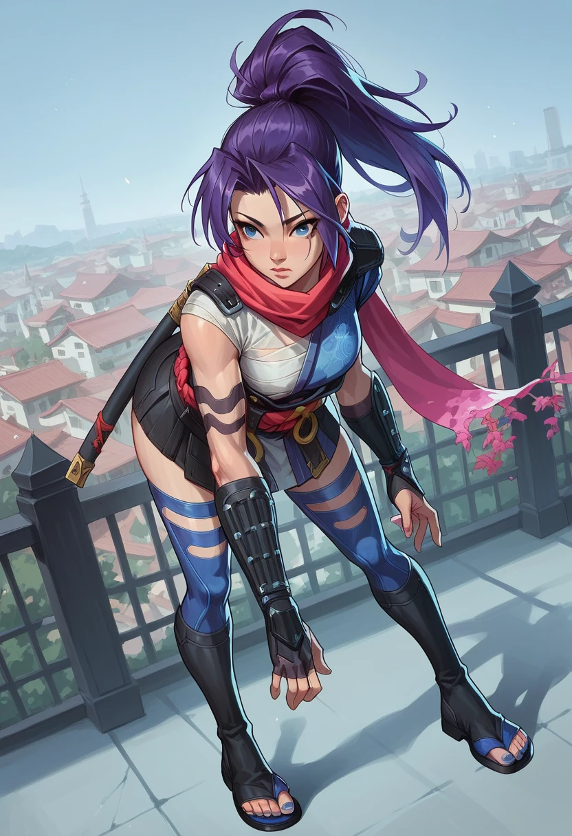 1girl, high ponytail, purple hair, blue eyes, ninja, sleeveless, scarf, asymmetrical clothes, japanese clothes, chest sarashi, obi, o-ring, gauntlets, fingerless gloves, thighhighs, toeless footwear, tabi, city background, sexy, showing booty, bending over, score_9, score_8_up, score_7_up, score_6_up, score_5_up, score_4_up, BREAK source_anime, masterpiece