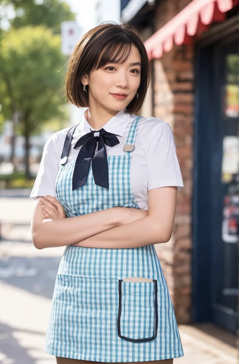 masterpiece, best quality, ultra high res, (photo realistic:1.6), 1girl, (short hair:1.5), (round face:1.3),(gingham-check suspender-apron:1.3), (solid-blue high-waist skirt:1.3), (apron over skirt:1.2), (white blouse:1.3), (double-breasted,underbust:1.2), short sleeves, button gap, (solid-blue bow-tie:1.2), (Plumpy body:1.2), (smooth skin:1.1), dynamic pose, (breasts:1.2), cafe, Restaurant,