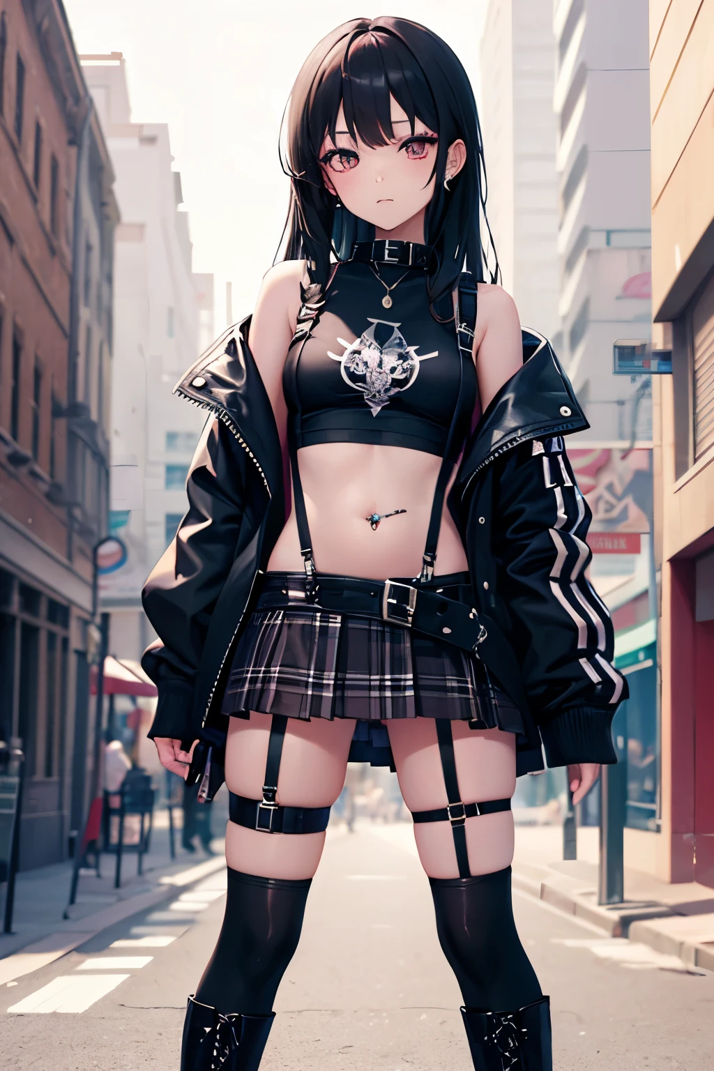 style anime a beautiful , solo 1girl , gothic , bored face , very long black hair frinje , smudged black makeup , collar , black t-shirt with a large neckline , open black jacket punk , belly button piercing, with several belts, punk style, plaid mini skirt plissada , very short mini skirt plissada , Punk I-shaped Thigh Garter Belts Leg Rings Leg Garters , striped socks black white , suspenders socks, long black boots, rave party. Standing