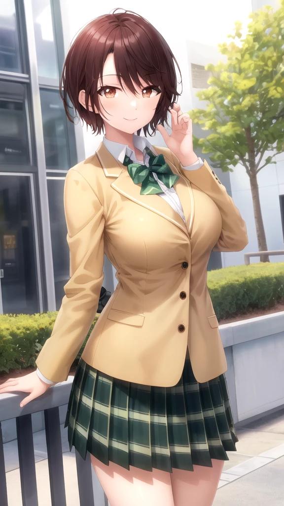 masterpiece, best quality, high quality, girl, solo, looking at viewer, yuuta_kadowaki, large breasts, school uniform, green bowtie, blazer, yellow jacket, long sleeves, plaid skirt, green skirt, standing, cowboy shot, outdoors, smile,