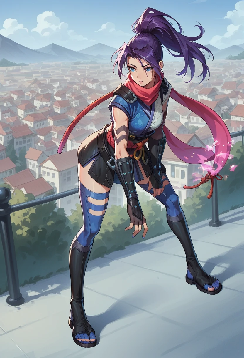 1girl, high ponytail, purple hair, blue eyes, ninja, sleeveless, scarf, asymmetrical clothes, japanese clothes, chest sarashi, obi, o-ring, gauntlets, fingerless gloves, thighhighs, toeless footwear, tabi, city background, sexy, showing booty, bending over, view from backside score_9, score_8_up, score_7_up, score_6_up, score_5_up, score_4_up, BREAK source_anime, masterpiece