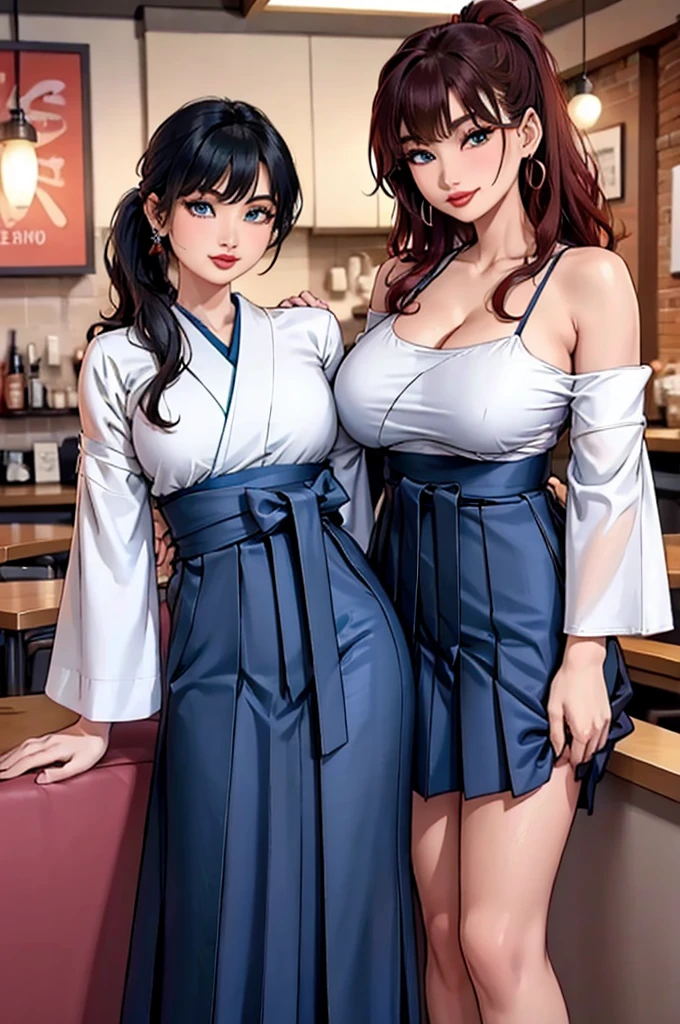 modern fantasy, volumptuous and sultry japanese woman with tanned skin, 18 years old, huge round fake breasts, cleavage, crimson wavy hairs with side band, very long hair ponytail, white kimono top, long sleeves, very long (green pleated skirt) with slit on the side, crimson obi, vibrant blue eyes, mischevious smile, mole under right eye, loop earrings, red lips, full lower lip, flirting in a coffee shop