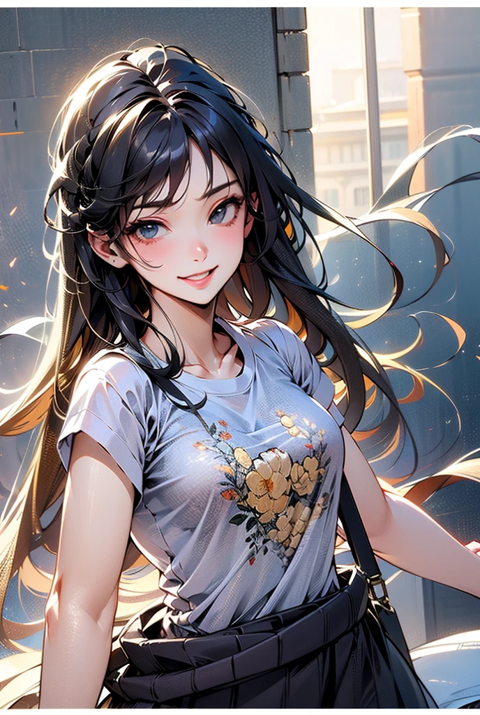 masterpiece, best quality, ultra-detailed, illustration, slim fit girl, at full height, blrown eyes, shy smile, perfect small breast, skirt, t-shirt,