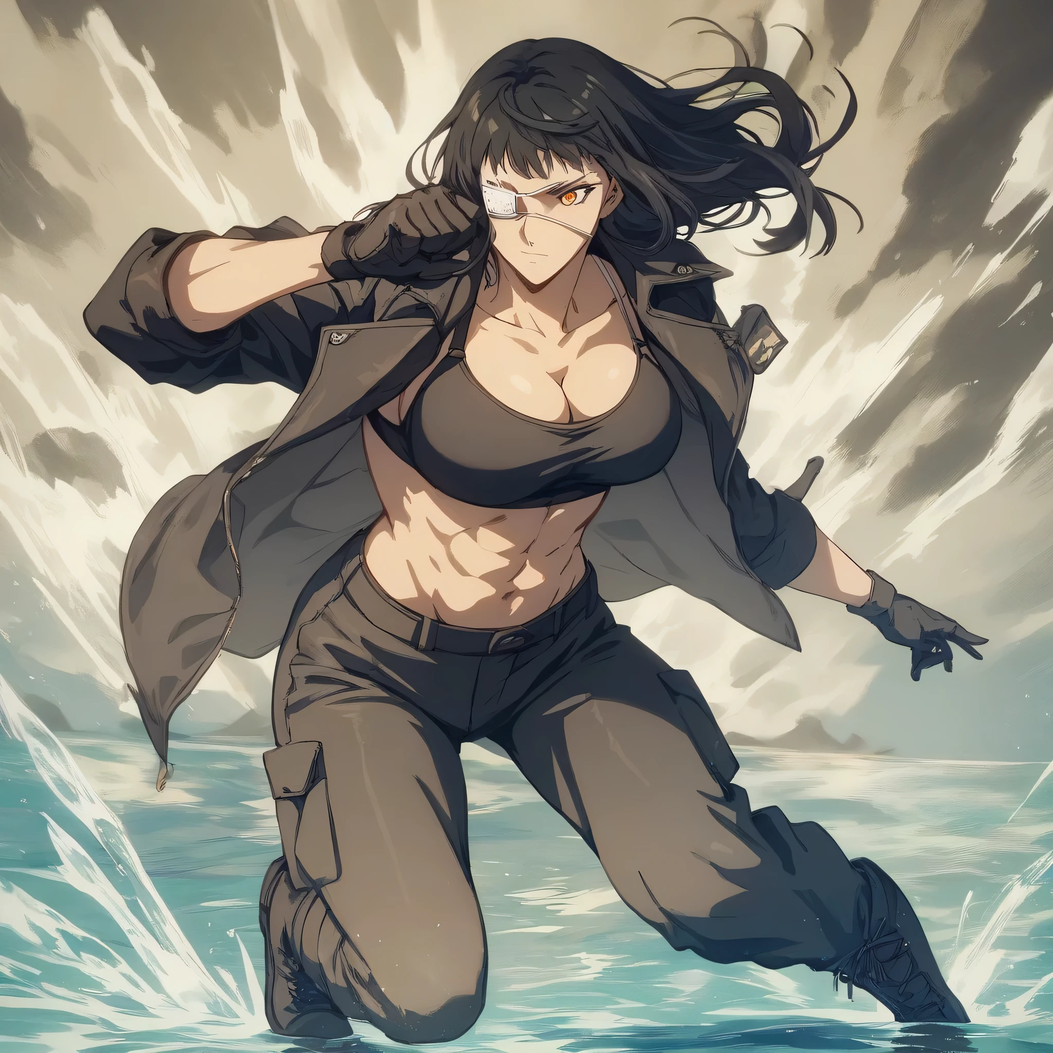 score_9, score_8_up, score_7_up,score_6_up,high resolution,source_anime,s0fiavalm3t,1girl,eyepatch,black hair,long hair,full body,black sport bra,tall leather black jacket,military trousers,black boots,,gloves,,fighting pose,in wood and water,