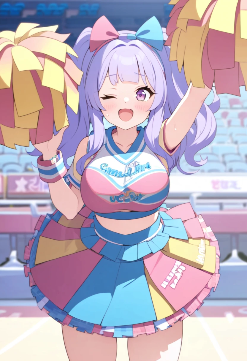 16yo, light pink hair, long hair, hime cut, J cup breast, thicc thigh, erotic cheerleader outfit, cheering, smile, deep cleavage