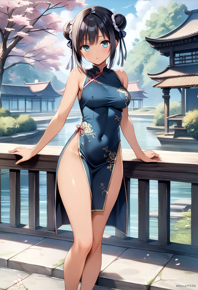 ((high quality anime, 8k,masterpiece,Perfect Anatomy)),cowboy shot,1 female,(beautiful detailed face and eyes,gorgeous eye:1.3,black eyes),master of success,The perfect 20 years old,(small head:1.5),Black Hair、Straight hair,blunt bangs,(twin bun,up hair),hair flaps,shy,blush,small breasts,slender body,skinny,sweat,White Kung Fu uniform,Short sleeve、Micro Mini Shorts、Kung Fu Training、Shaolin Temple、Outdoor、