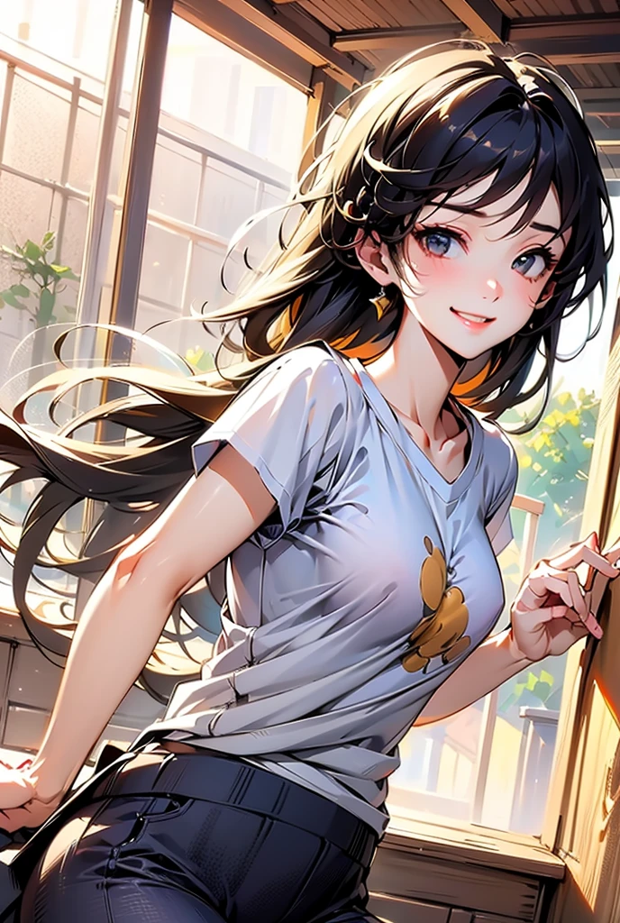 masterpiece, best quality, ultra-detailed, illustration, slim fit girl, at full height, blrown eyes, shy smile, perfect small breast, skirt, t-shirt,