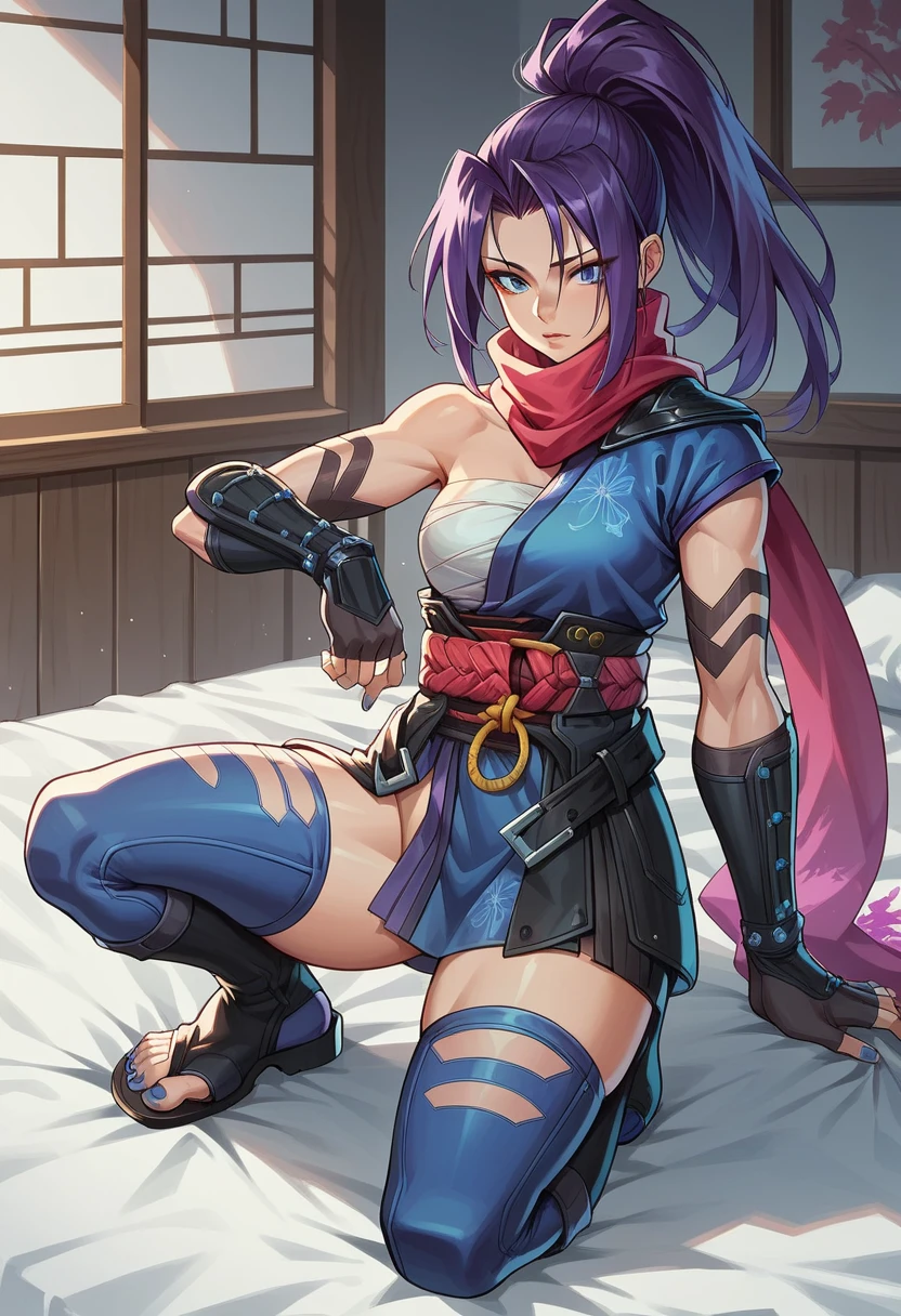 1girl, high ponytail, purple hair, blue eyes, ninja, sleeveless, scarf, asymmetrical clothes, japanese clothes, chest sarashi, obi, o-ring, gauntlets, fingerless gloves, thighhighs, toeless footwear, tabi, bedroom, sexy, sexy pose, score_9, score_8_up, score_7_up, score_6_up, score_5_up, score_4_up, BREAK source_anime, masterpiece