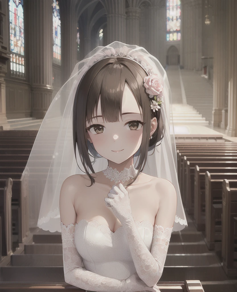 (masterpiece, best quality:1.2), Yukarihan, 1girl, wedding dress, elbow gloves, strapless, bare shoulders, bridal veil, hair up, sidelocks, hair flower, upper body, facing viewer, straight-on, blush, smile, closed mouth, church, indoors