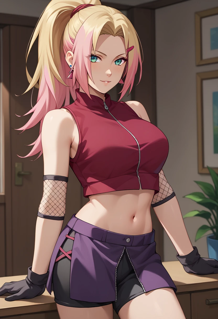 score_9_up, score_8_up, score_7_up,score_6_up, score_5_up, score_4_up , 1girl, solo, ((2 different hairstyles)), ((SPLIT-COLOR HAIR)), ((blonde hair)), ((pink hair)), large breasts, Sakura Haruno, solo, 1girl, green eyes, short pink hair, parted bangs, forehead protector, dark gloves, red sleeveless shirt, zipper on shirt, dark bike shorts, elbow warmers, in0ymnka, long hair, blonde hair, hair over one eye, high ponytail, hairclip, blue eyes, fishnets, purple shirt, sleeveless turtleneck, buttons, crop top, purple skirt, black shorts, bike shorts, earrings, bare shoulders, midriff, navel, flirting, cowboy shot, indoors, bedroom background