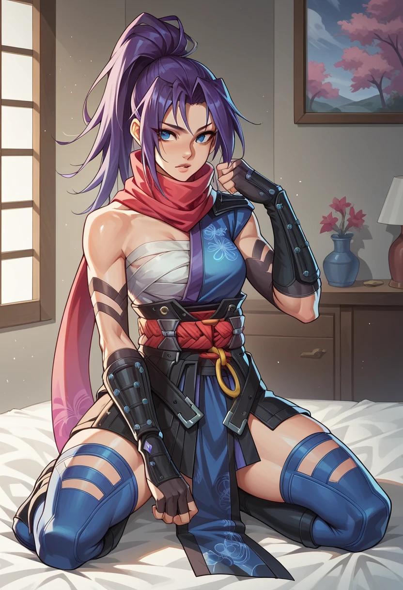 1girl, high ponytail, purple hair, blue eyes, ninja, sleeveless, scarf, asymmetrical clothes, japanese clothes, chest sarashi, obi, o-ring, gauntlets, fingerless gloves, thighhighs, toeless footwear, tabi, bedroom, sexy, sexy pose, slutty pose, score_9, score_8_up, score_7_up, score_6_up, score_5_up, score_4_up, BREAK source_anime, masterpiece