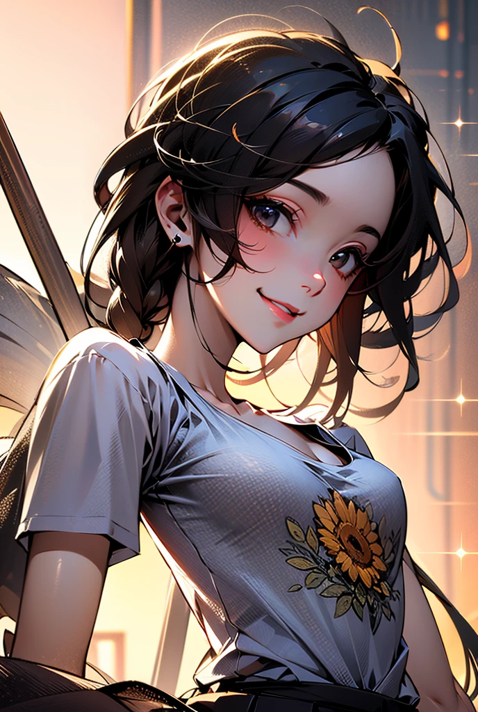 masterpiece, best quality, ultra-detailed, illustration, slim fit girl, at full height, blrown eyes, shy smile, perfect small breast, skirt, t-shirt,