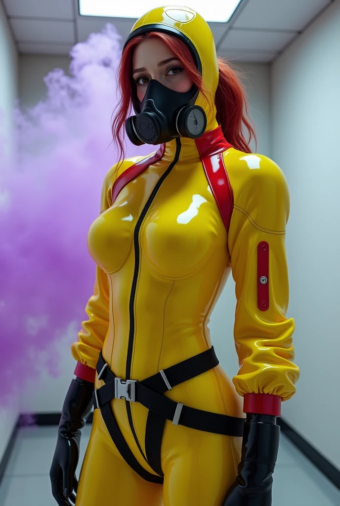 Buxom red haired white woman wearing a bright yellow bat mask, yellow cape, and yellow gloves, and yellow boots. Her costume is light blue. She has gigantic tits. She is standing in the Batcave