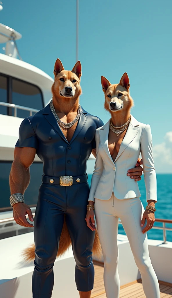 An admirable picture of a muscular human dog standing confidently on a boat. The dog on the left is wearing a blue long-sleeved shirt with silver chains and white pants, while the dog on the right is wearing a white shirt with gold leash and shorts. White. Both dogs have stylish sneakers and are equipped with eye-catching jewelry. In the background, calm blue water and clear skies create a vibrant background, with smaller dogs sitting curiously at their feet.