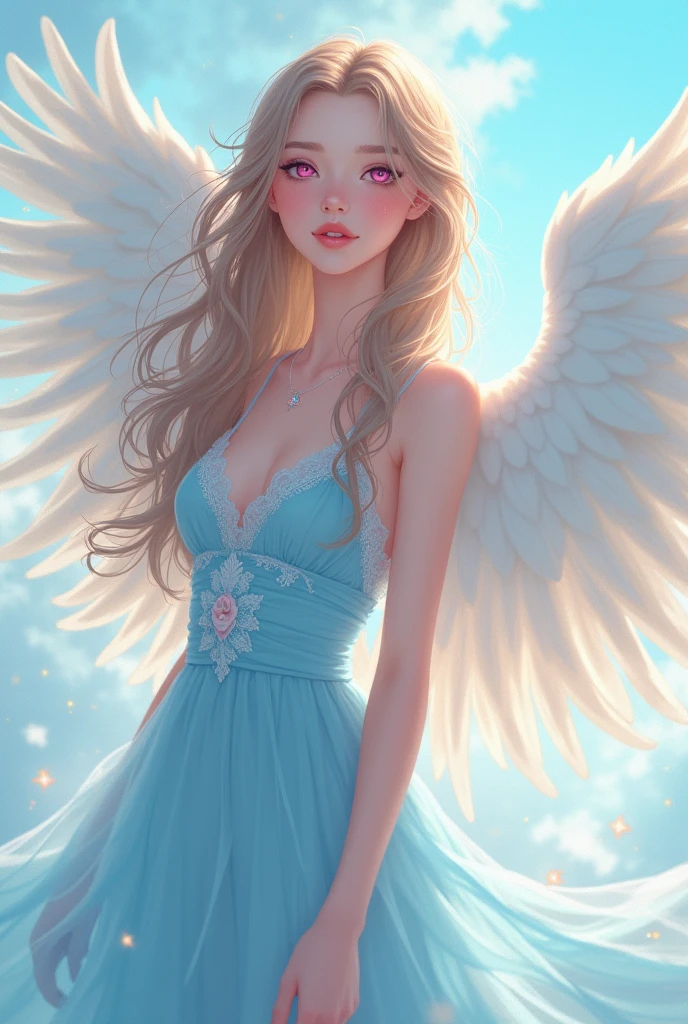 20 year old girl, half natural blonde with long hair and half black hair with very short black hair, with brown eyes and a tight-fitting dress reaching to the knees, light blue with two large wings 