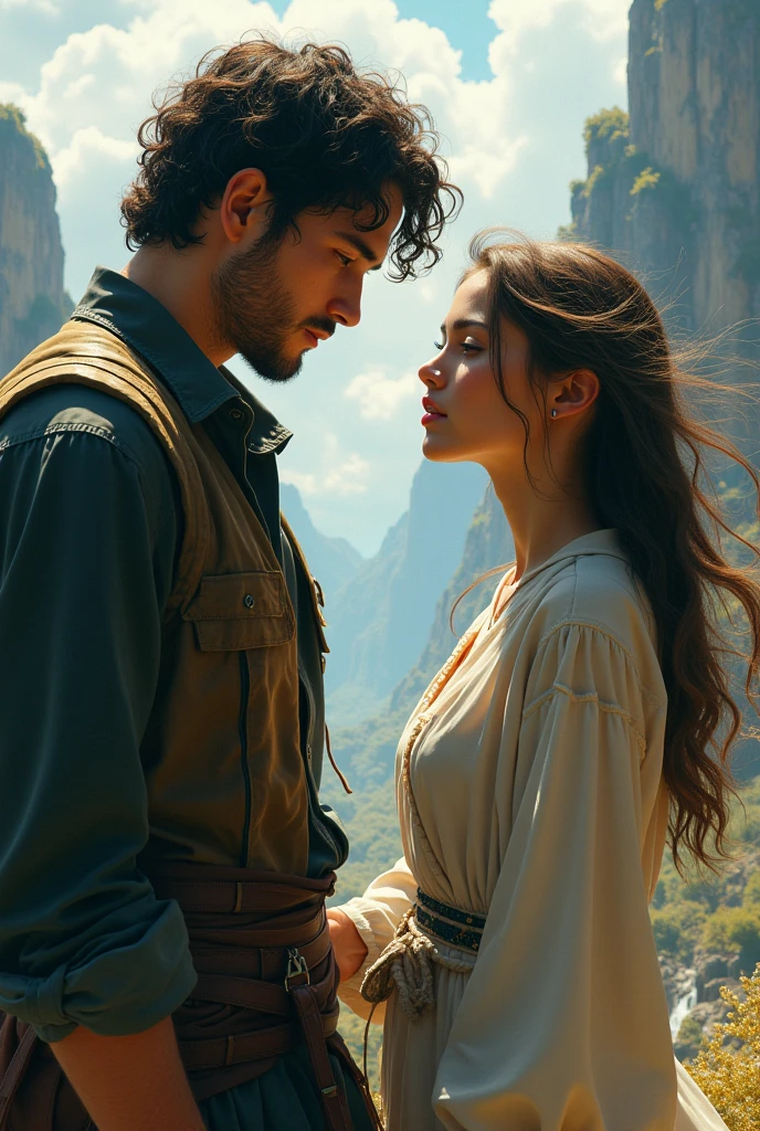 The man is on the left side facing left carrying a sword with his cold but handsome face. While the girl is on the right facing right hugging her hands to her chest. Their ages are approximately 20 years, because of the conflict they have different opinions and therefore different goals.