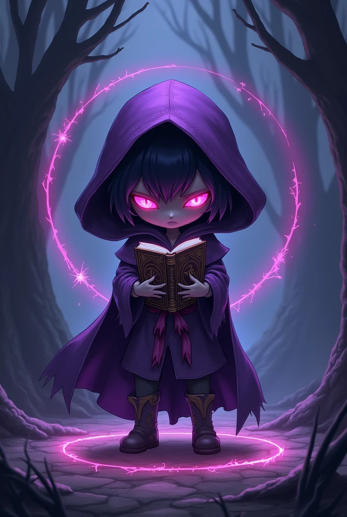 Purple hood, Alone, tunica, name_Thel_Therecho_The_Author: "Samael ", magic, dark face, Alone los eyes visibles, holding, eyes_verThes, dry, con libro The capa violeta, Sin_humans, circle_magical, looking_al_ spectator , adornos naviTheños, Other, text: "FRIENDS SCHOOL " , Chibi version.